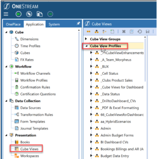 Red rectangle box highlighting Cube View under Presentation and Cube View Profiles.